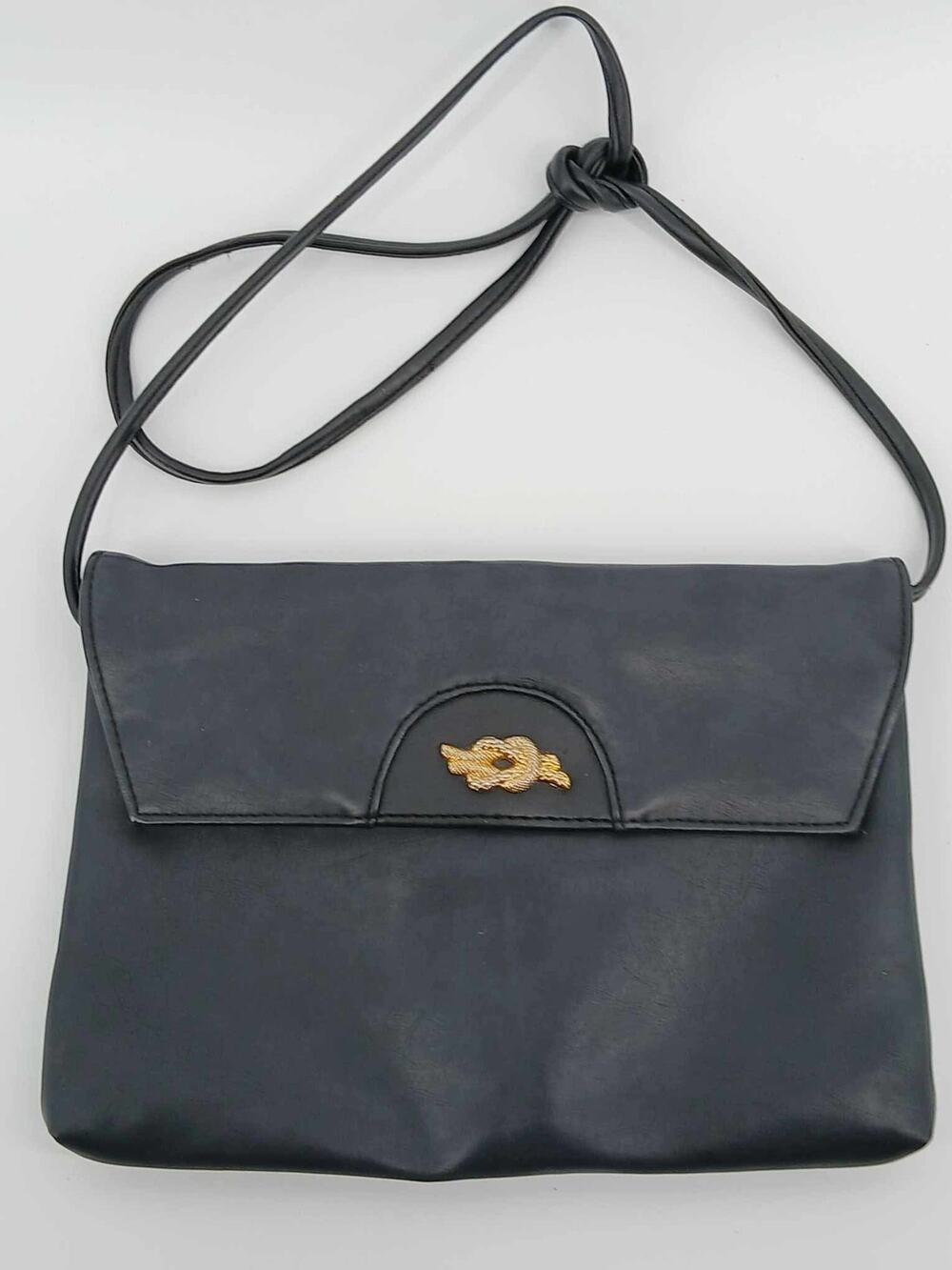 1980s black Leather crossbody bag, Buena Vista, vintage with gold accent